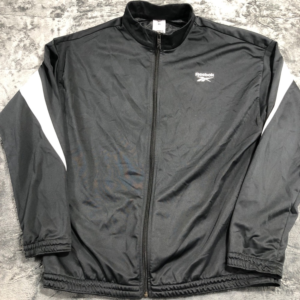 Reebok Track Jacket Mens XL Black White Full Zip Vector‎ Logo HR3049
